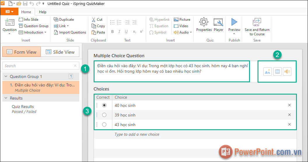 PowerPoint.Com.Vn hướng dẫn bạn tạo câu hỏi trắc nghiệm với mẫu Multiple Choice
