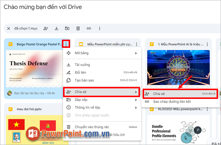 Sau khi đã tải file thành công, bạn chọn vào dấu ba chấm dọc ➔ Chia sẻ ➔ Chia sẻ