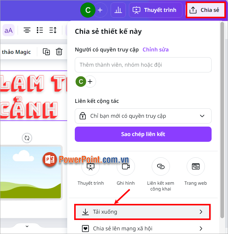 Sau khi đã tạo xong bạn thực hiện lưu file bằng cách chọn Chia sẻ - Tải xuống