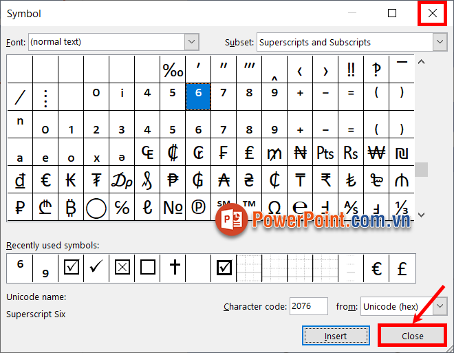 Sau khi thêm xong bạn chọn Close hoặc dấu x để đóng Symbol