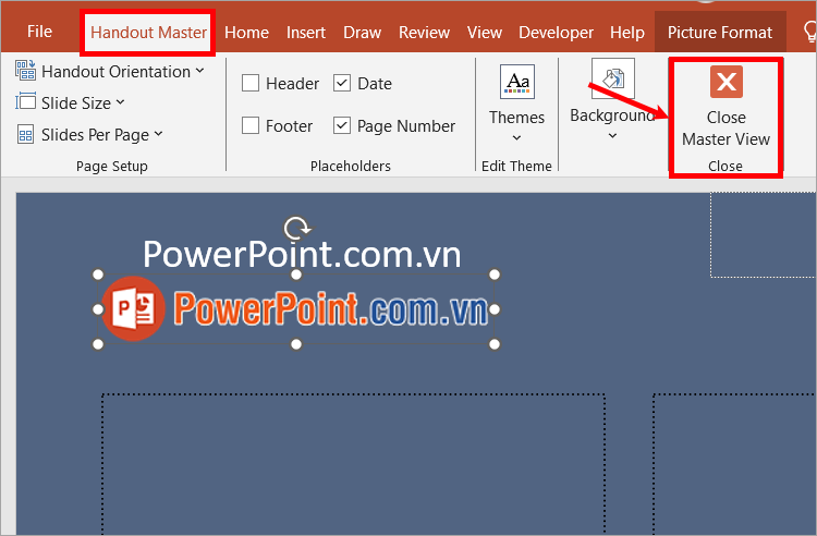 Sau khi tùy chỉnh xong, chọn Handout Master - Close Master View