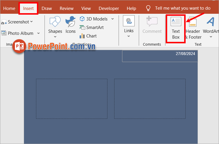 Thêm chữ vào trang PowerPoint bằng cách chọn Insert - Textbox