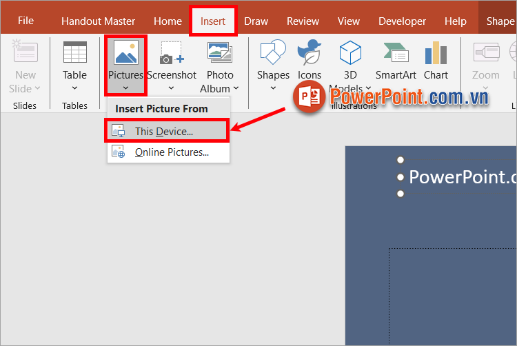 Thêm logo bằng cách chọn Insert - Picture - This Device