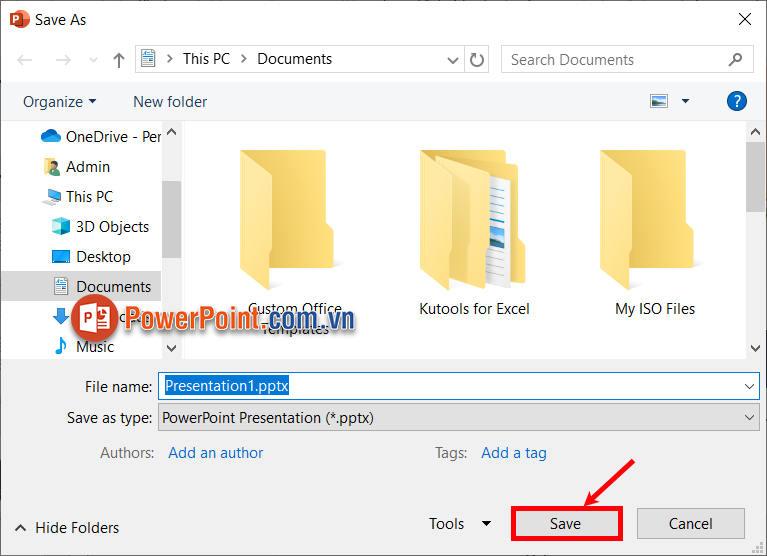 Tiếp theo bạn chọn Save để lưu file PowerPoint