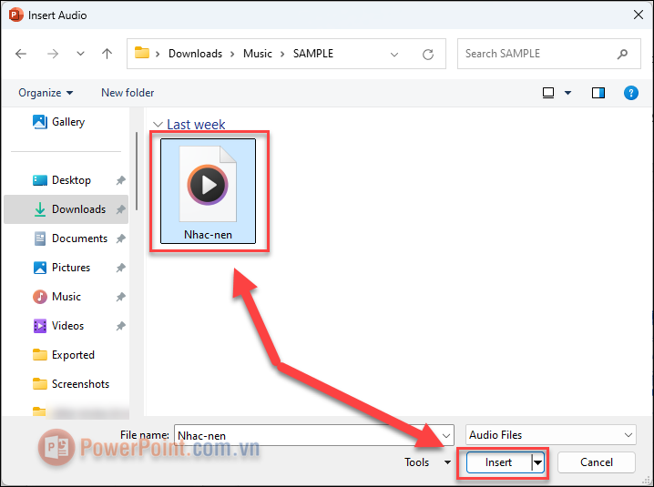 Tìm đến thư mục chứa file nhạc mà bạn đã lưu, bấm chọn vào file đó  Insert