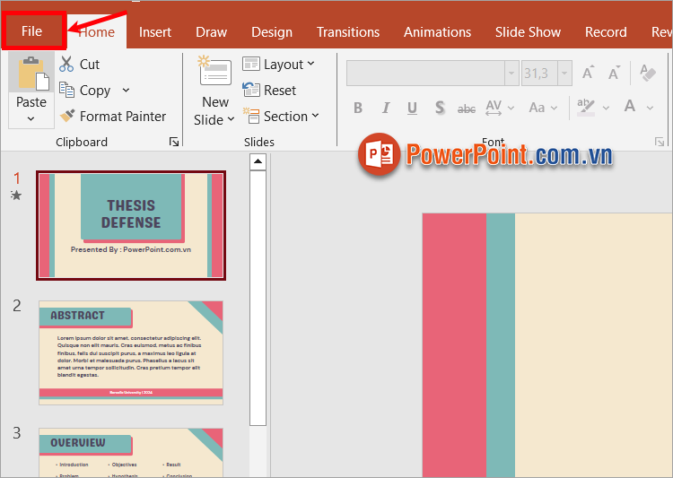 Trên file PowerPoint bạn cần làm video, chọn File