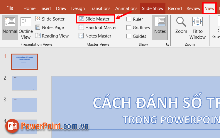 Trên file PowerPoint, bạn chọn View - Slide Master Trên file PowerPoint, bạn chọn View - Slide Master