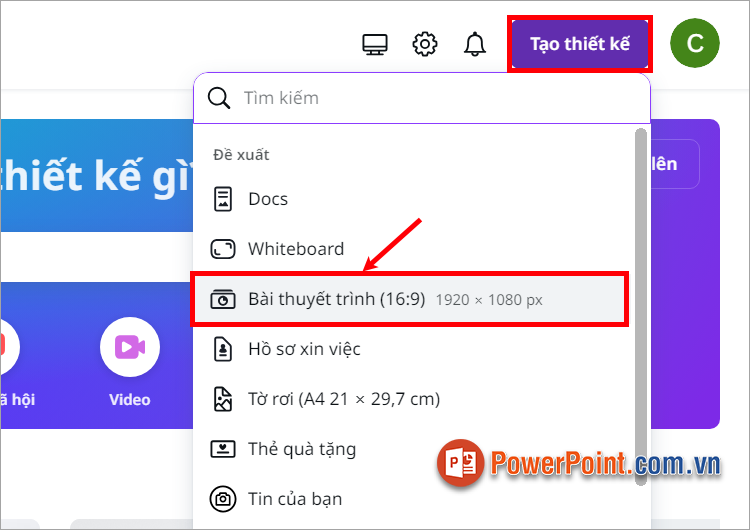 Trên giao diện Canva đã đăng nhập, bạn chọn Tạo thiết kế - Bài thuyết trình