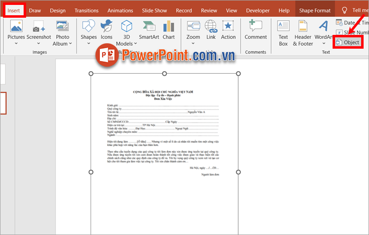 Trên slide bạn muốn chèn file, bạn chọn Insert - Object Trên slide bạn muốn chèn file, bạn chọn Insert - Object