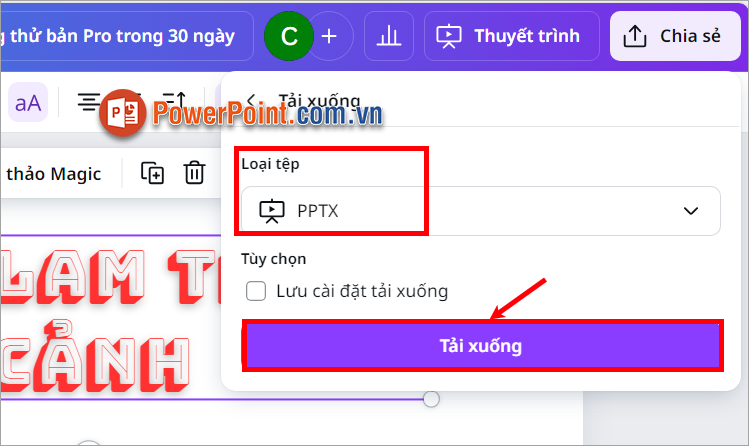 Trong phần Loại tệp bạn chọn định dạng PPTX và chọn Tải xuống để lưu file PowerPoint