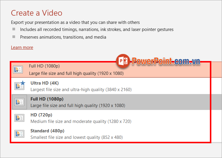 Trong phần tạo video, bạn chọn chất lượng cho video