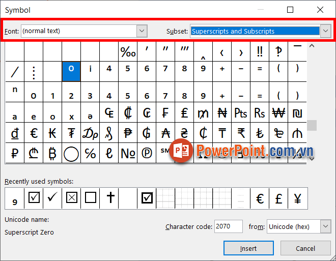 Trong Subset bạn chọn Superscripts and Subscripts