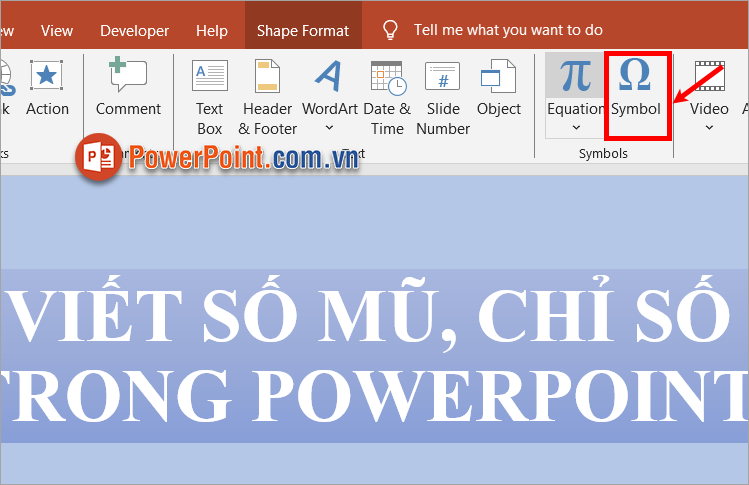 Trong thẻ Insert bạn chọn Symbol trong nhóm Symbols
