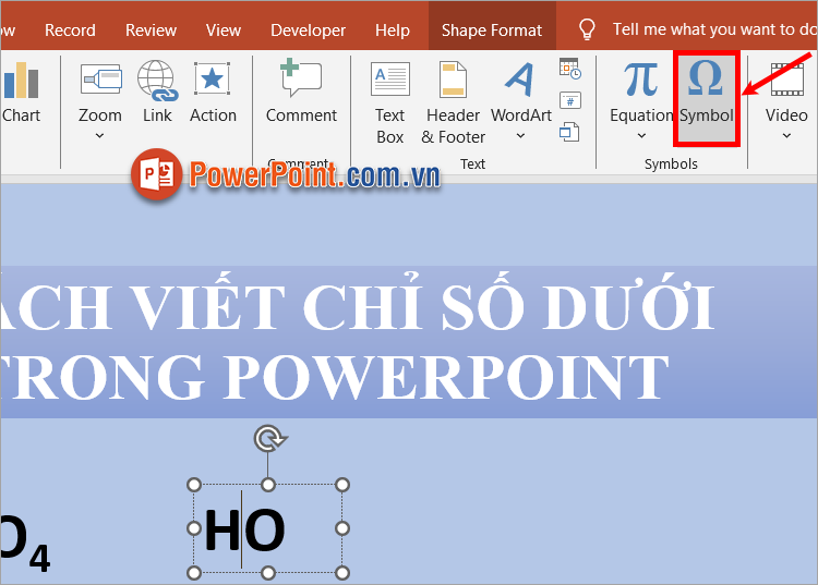 Trong thẻ Insert bạn chọn Symbol trong nhóm Symbols