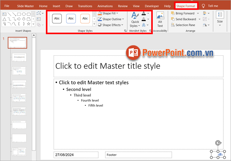 Tùy chỉnh kiểu chữ nghệ thuật, màu viền textbox số trang, trong thẻ Shape Format Tùy chỉnh kiểu chữ nghệ thuật, màu viền textbox số trang, trong thẻ Shape Format