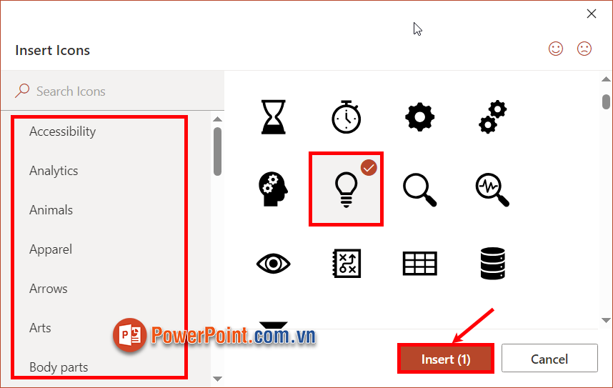 Xuất hiện cửa sổ Insert Icons, tại đây có các nhóm biểu tượng ở phần bên trái