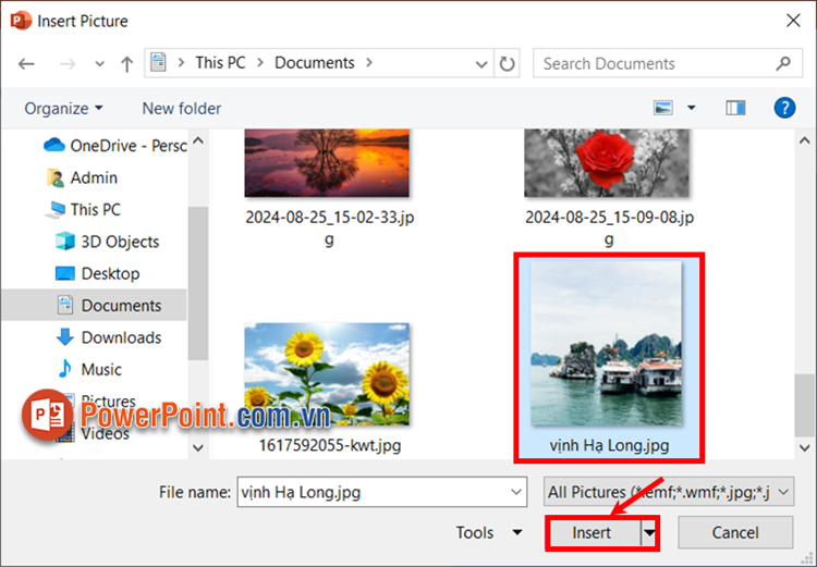 Xuất hiện cửa sổ Insert Picture, bạn chọn đến hình ảnh cần thêm vào poster và chọn Inser