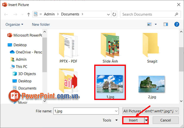Xuất hiện cửa sổ Insert Picture chọn đến hình ảnh cần chèn vào shape và ấn Insert