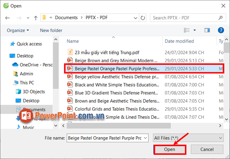 Xuất hiện cửa sổ Open, bạn chọn đến file PowerPoint cần gửi qua mail và chọn Open