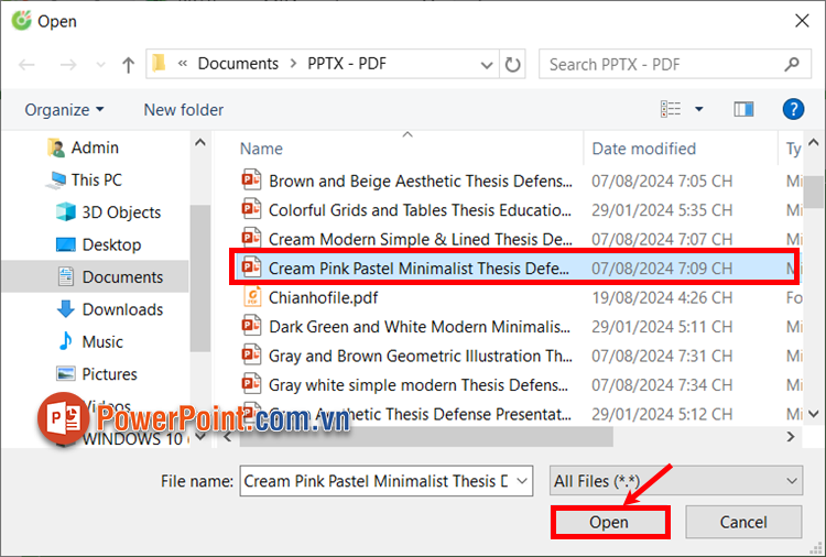 Xuất hiện cửa sổ Open, bạn chọn đến file PowerPoint cần làm video và chọn Open