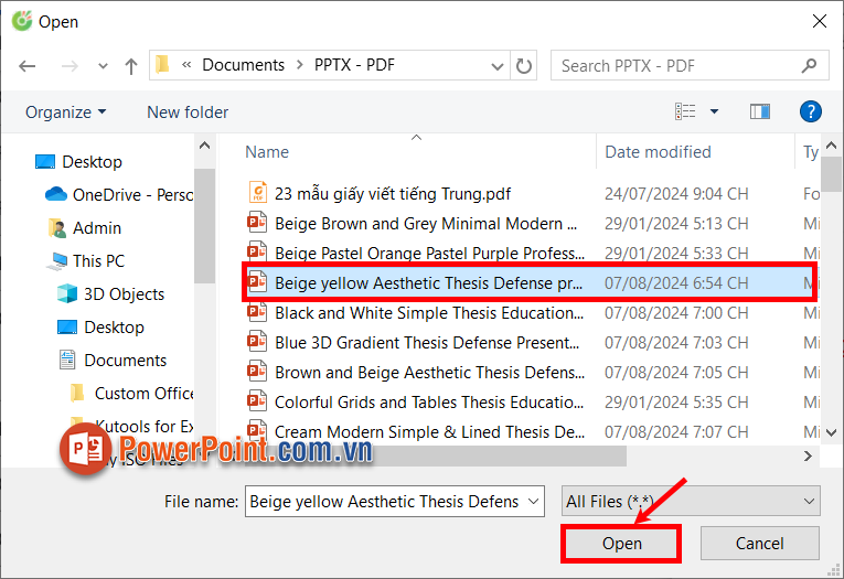 Xuất hiện cửa sổ Open, bạn chọn file PowerPoint cần gửi và chọn Open
