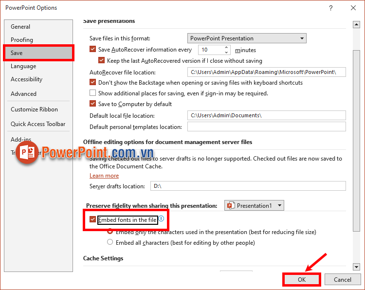 Xuất hiện cửa sổ PowerPoint Options, bạn chọn Save trong menu bên trái Xuất hiện cửa sổ PowerPoint Options, bạn chọn Save trong menu bên trái