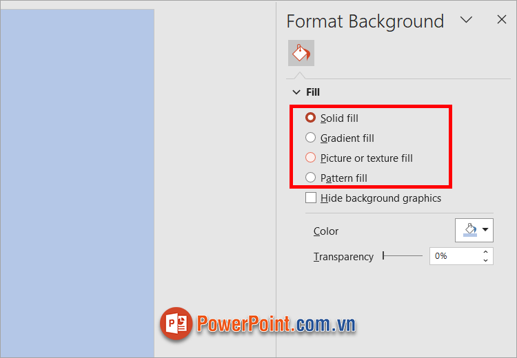 Xuất hiện Format Background bạn đổ màu nền cho slide trong phần Fill