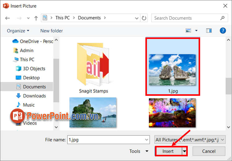 Xuất hiện Insert Picture chọn đến hình ảnh cần cắt, ấn Insert để thêm ảnh vào PowerPoint Xuất hiện Insert Picture chọn đến hình ảnh cần cắt, ấn Insert để thêm ảnh vào PowerPoint