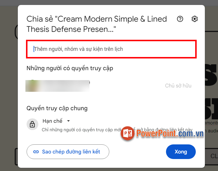 Xuất hiện phần Chia sẻ, bạn nhập địa chỉ email người bạn muốn gửi đến họ