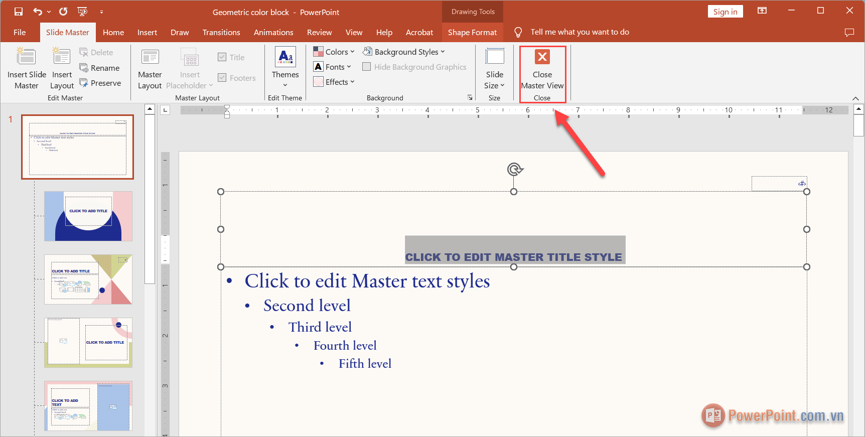 Chọn Close Master View để hệ thống tự động áp dụng kích cỡ Slide trong PowerPoint