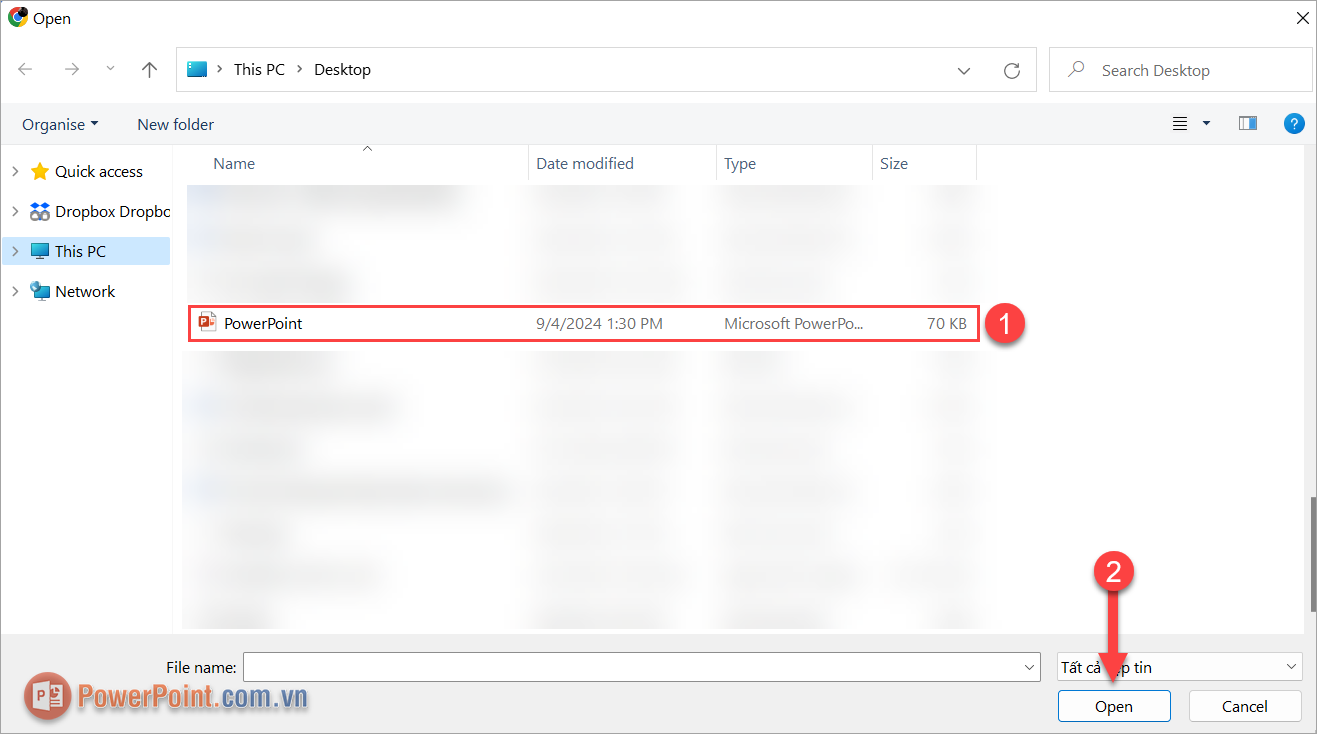 Chọn file PowerPoint (1) và nhấn Open (2) để gửi PowerPoint qua Messenger