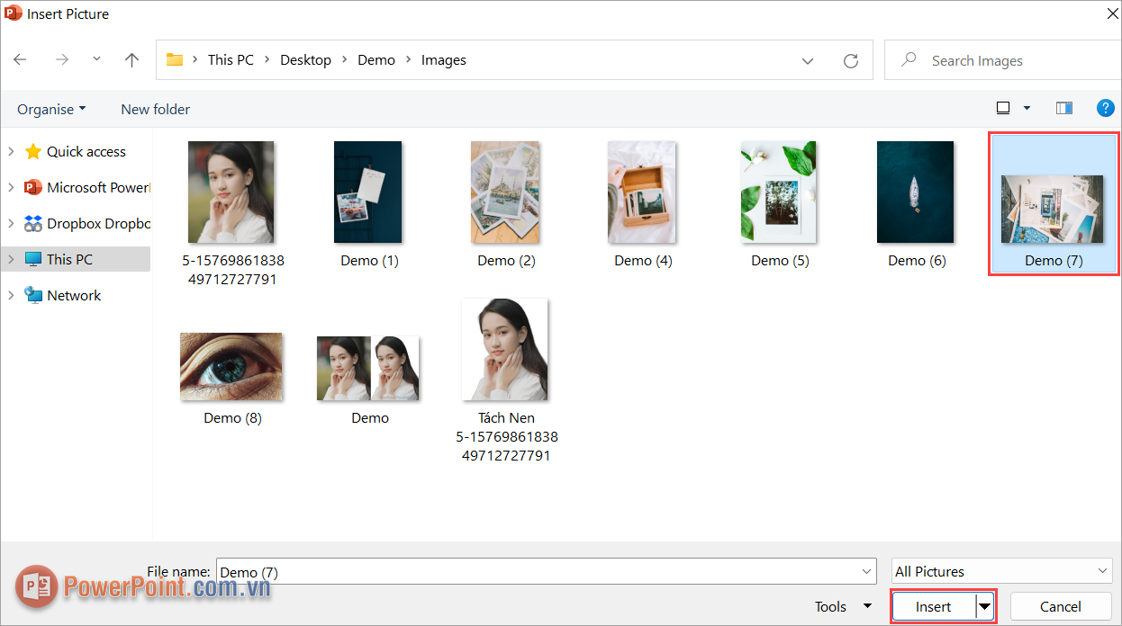 Chọn hình ảnh và nhấn Insert để thêm vào file PowerPoint