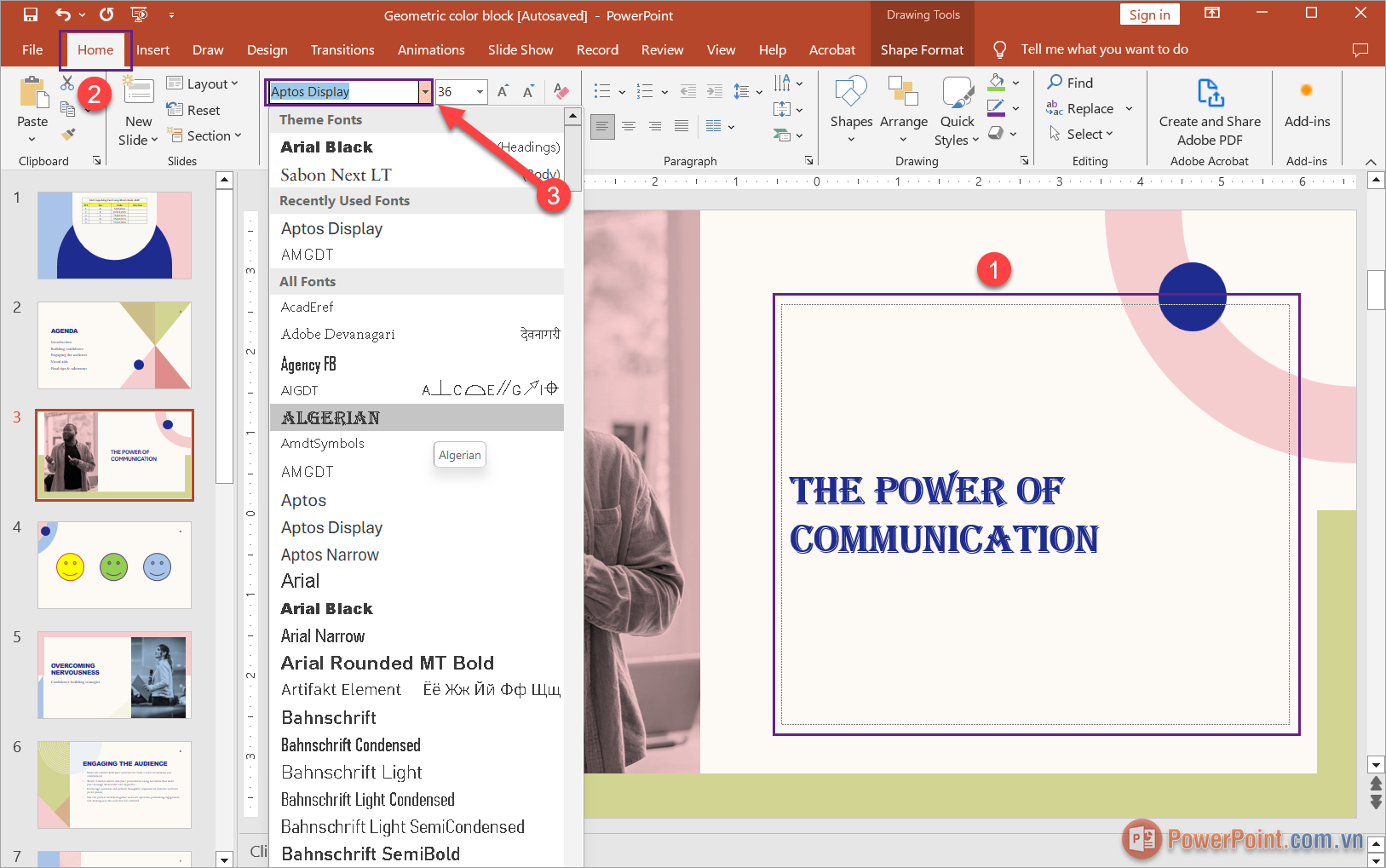 Chọn hộp thoại Text Box (1) ➔ Chọn thẻ Home (2) ➔ Font chữ (3)