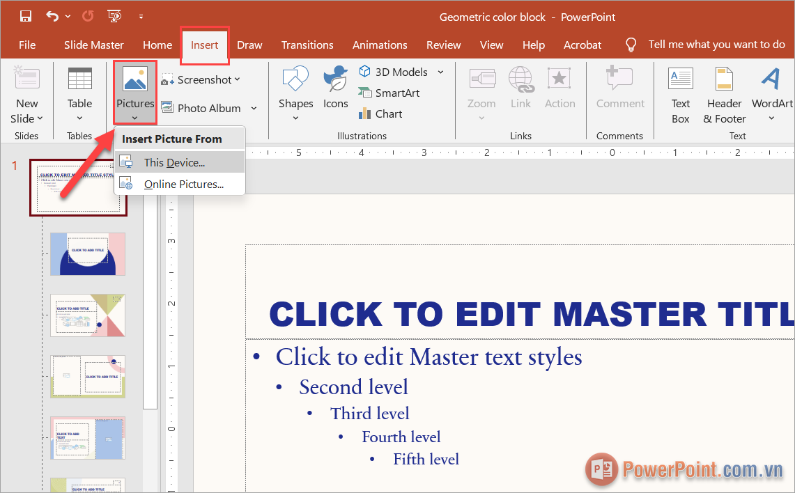 Chọn Insert ➔ Picture ➔ This Device… để tiến hành thêm hình ảnh vào file PowerPoint