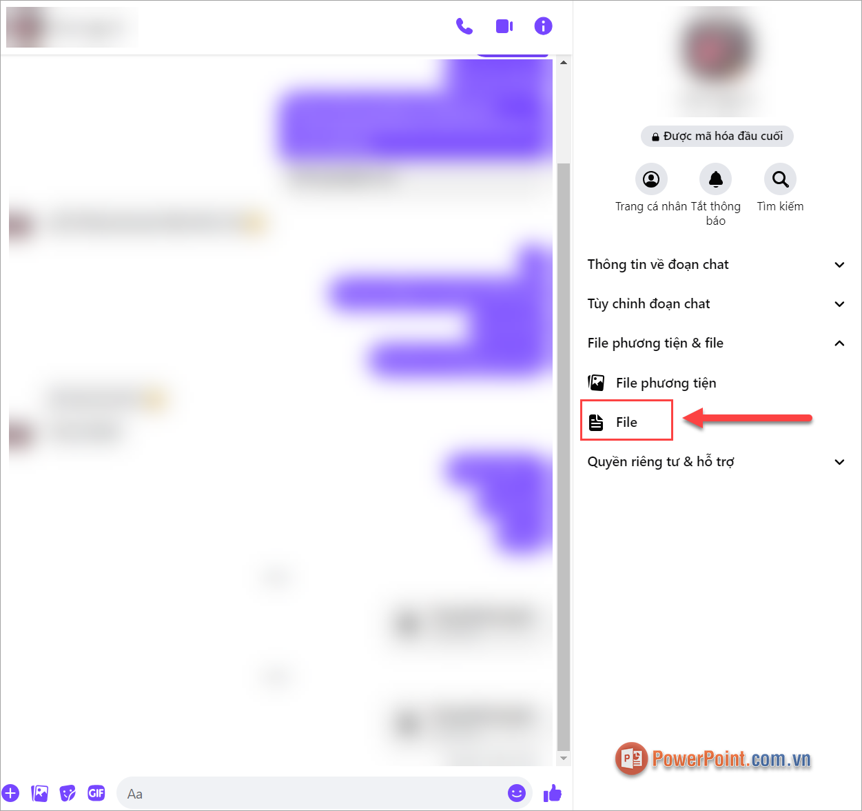 Chọn mục File để kiểm tra các file PowerPoint đã gửi trên Messenger