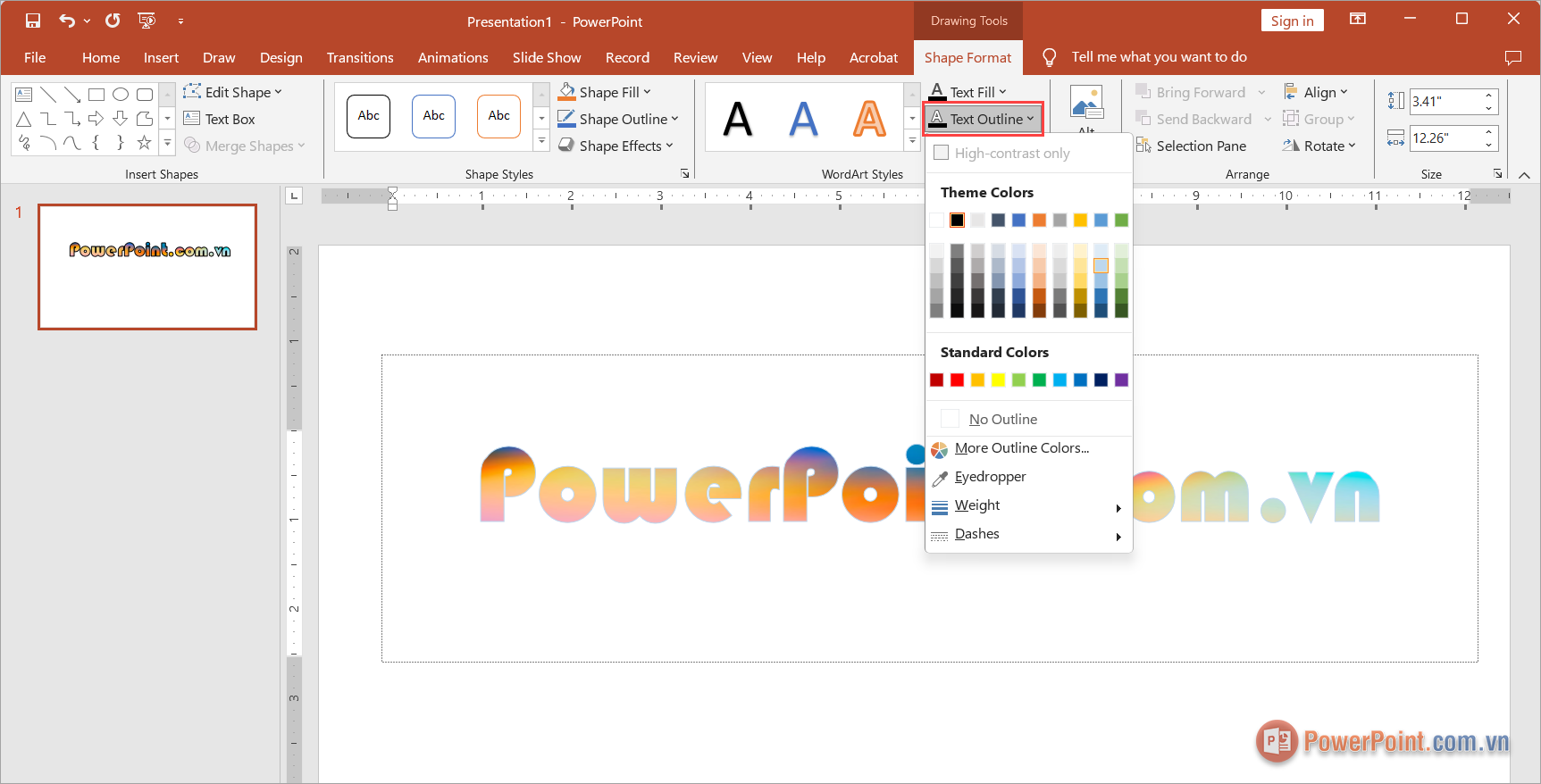 Chọn Text Outline để thực hiện tạo đường viền cho chữ trong PowerPoint Chọn Text Outline để thực hiện tạo đường viền cho chữ trong PowerPoint
