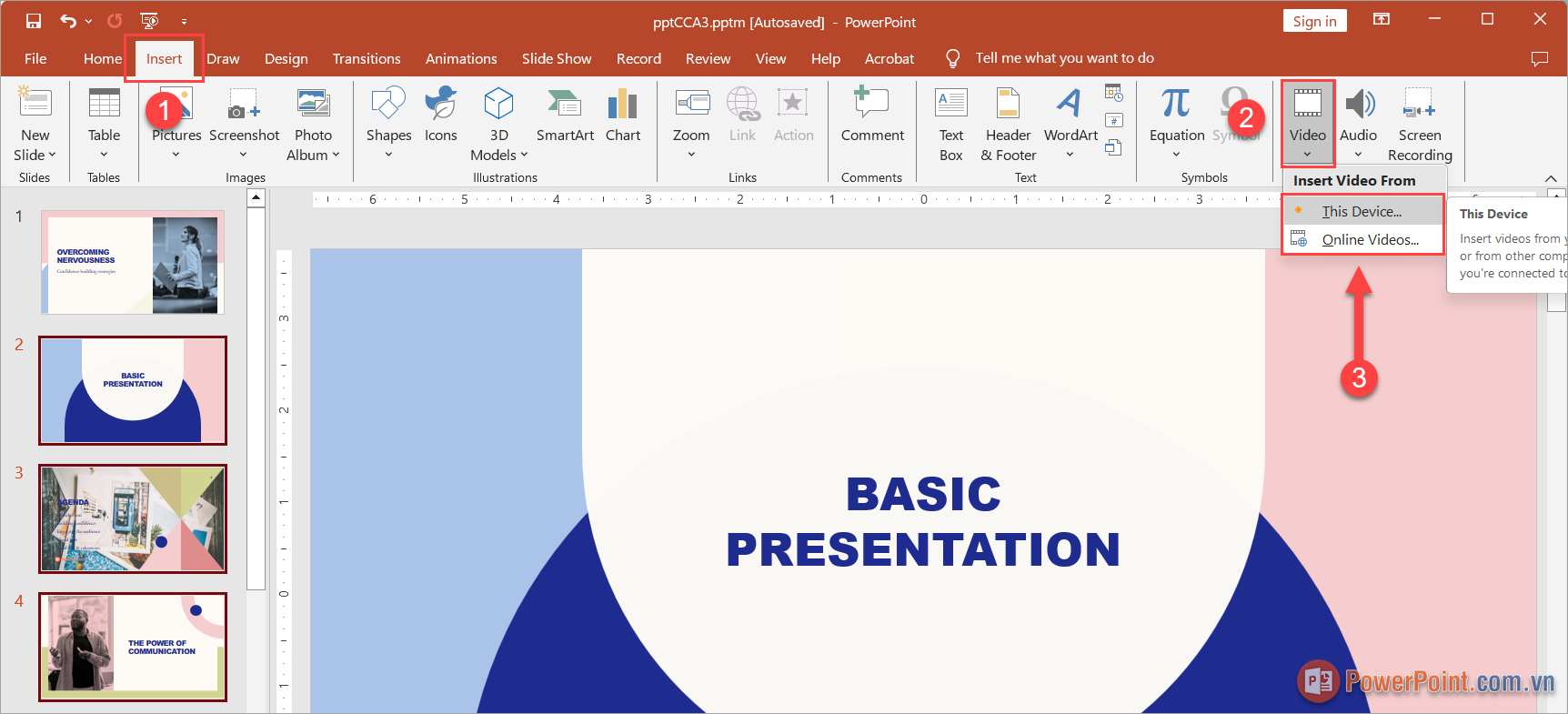 Chọn thẻ Insert (1) ➔ Video (2) ➔ Chọn nguồn Video (3)