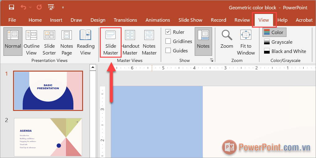 Chọn thẻ View và chọn mục Slide Master để kích hoạt