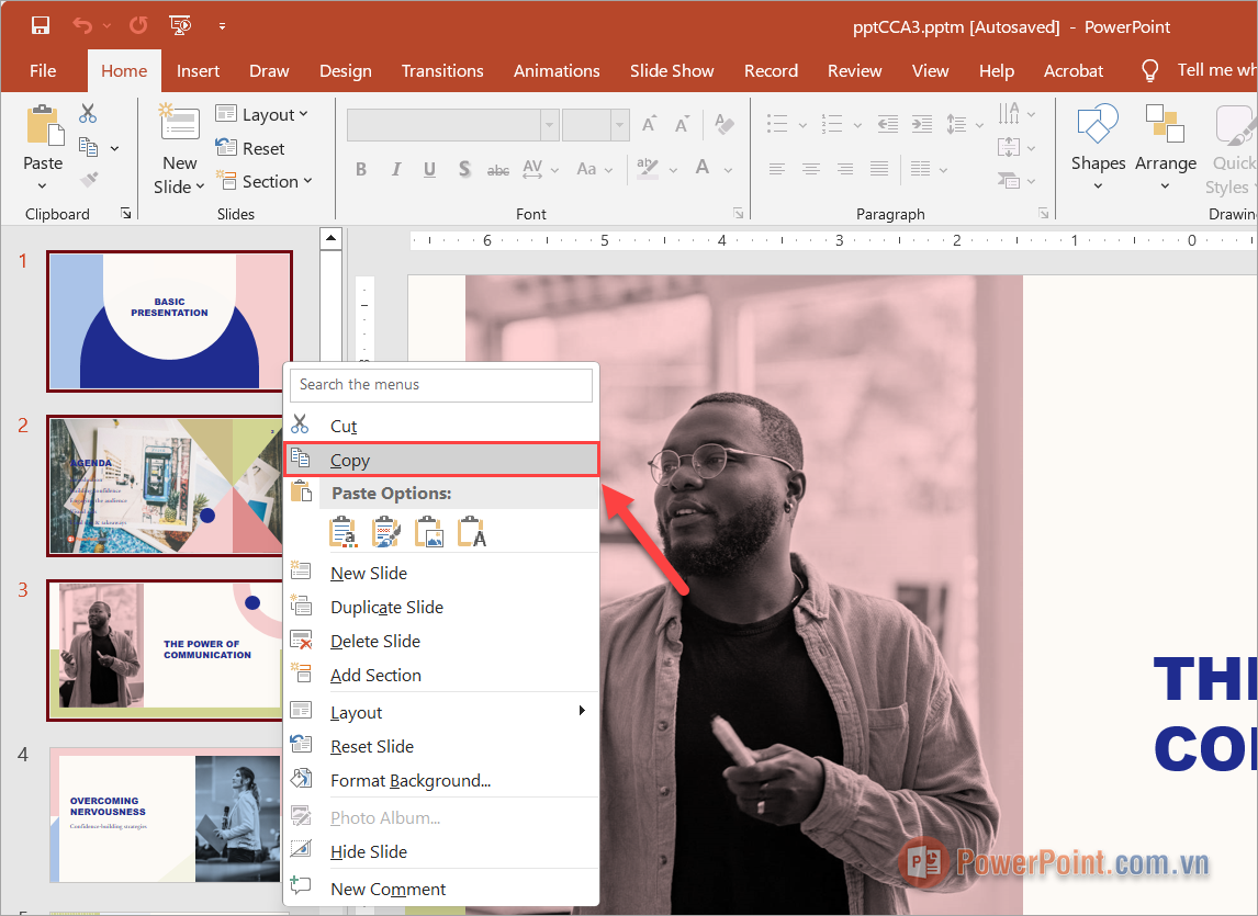Click chuột phải để chọn Copy (Ctrl + C) sao chép nhiều Slide trong PowerPoint cùng một lúc