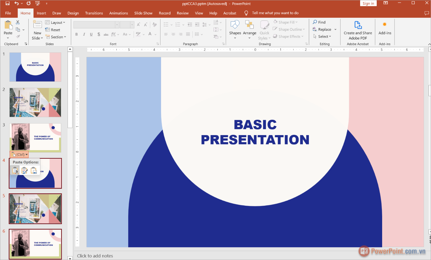 Click chuột phải ➔ Paste (Ctrl + V) để dán các Slide đang sao chép vào tài liệu PowerPoint