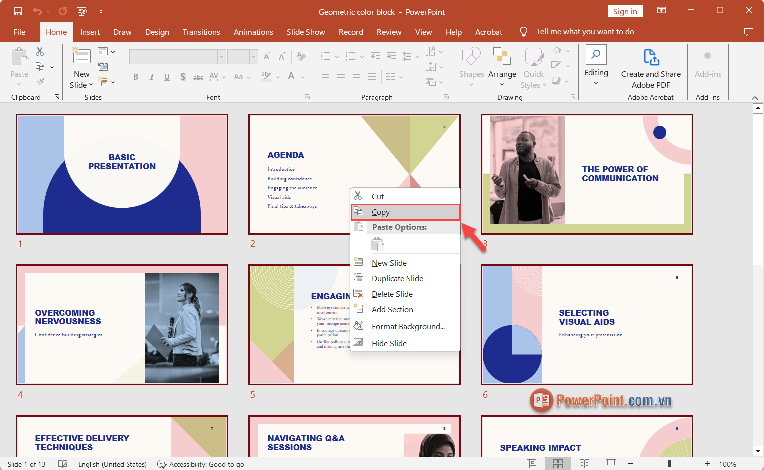 Click chuột phải và nhấn Ctrl + C để copy toàn bộ Slide trong PowerPoint