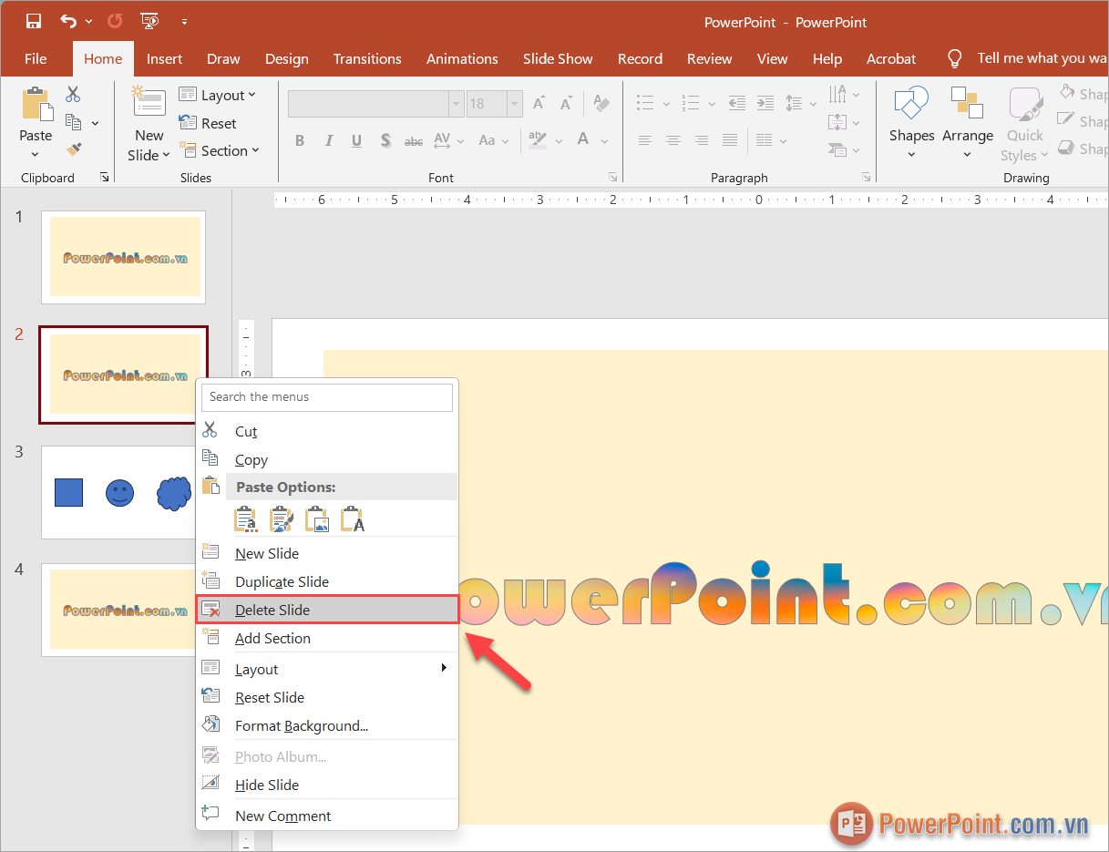 Click chuột phải vào Slide cần xóa trong Menu và chọn Delete Slide