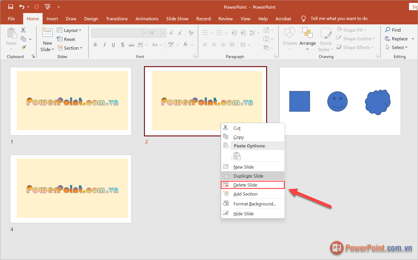 Click chuột phải vào Slide và chọn Delete Slide để xóa Slide