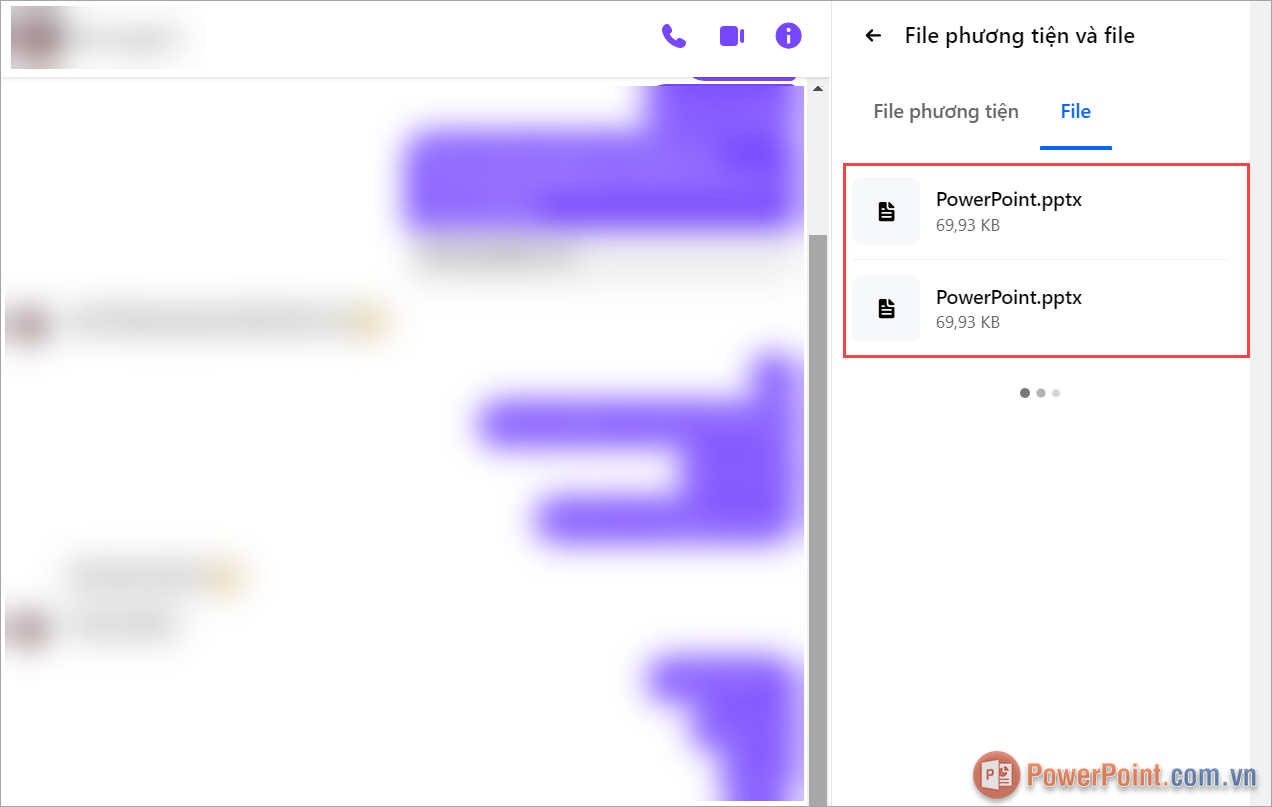 Hệ thống sẽ liệt kê toàn bộ các file PowerPoint đã được gửi trong cuộc trò chuyện từ trước đến nay