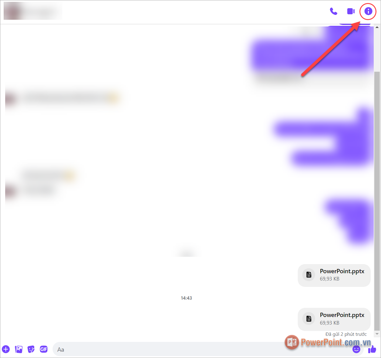 Mở cuộc trò chuyện trên Messenger, nhấn vào biểu tượng chữ i để xem thêm thông tin