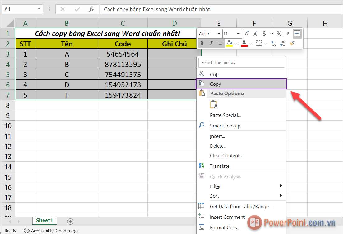 Mở file Excel, kéo tạo vùng chọn cần chèn vào file PowerPoint và Click chuột phải để chọn Copy