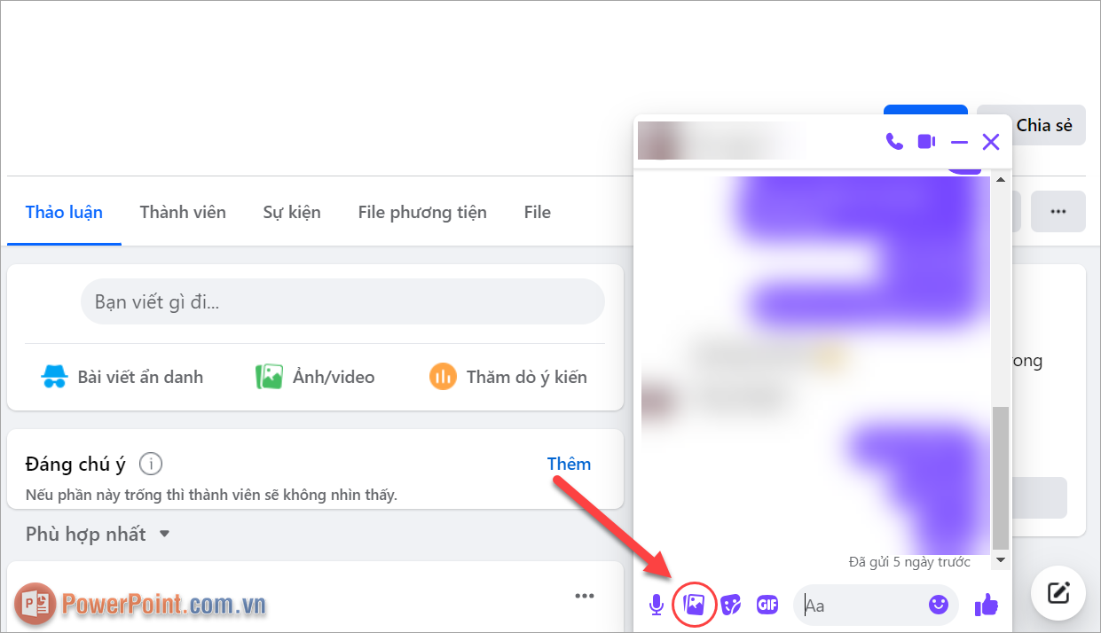 Nhấn biểu tượng Tệp đính kèm để chọn file PowerPoint và gửi qua Messenger