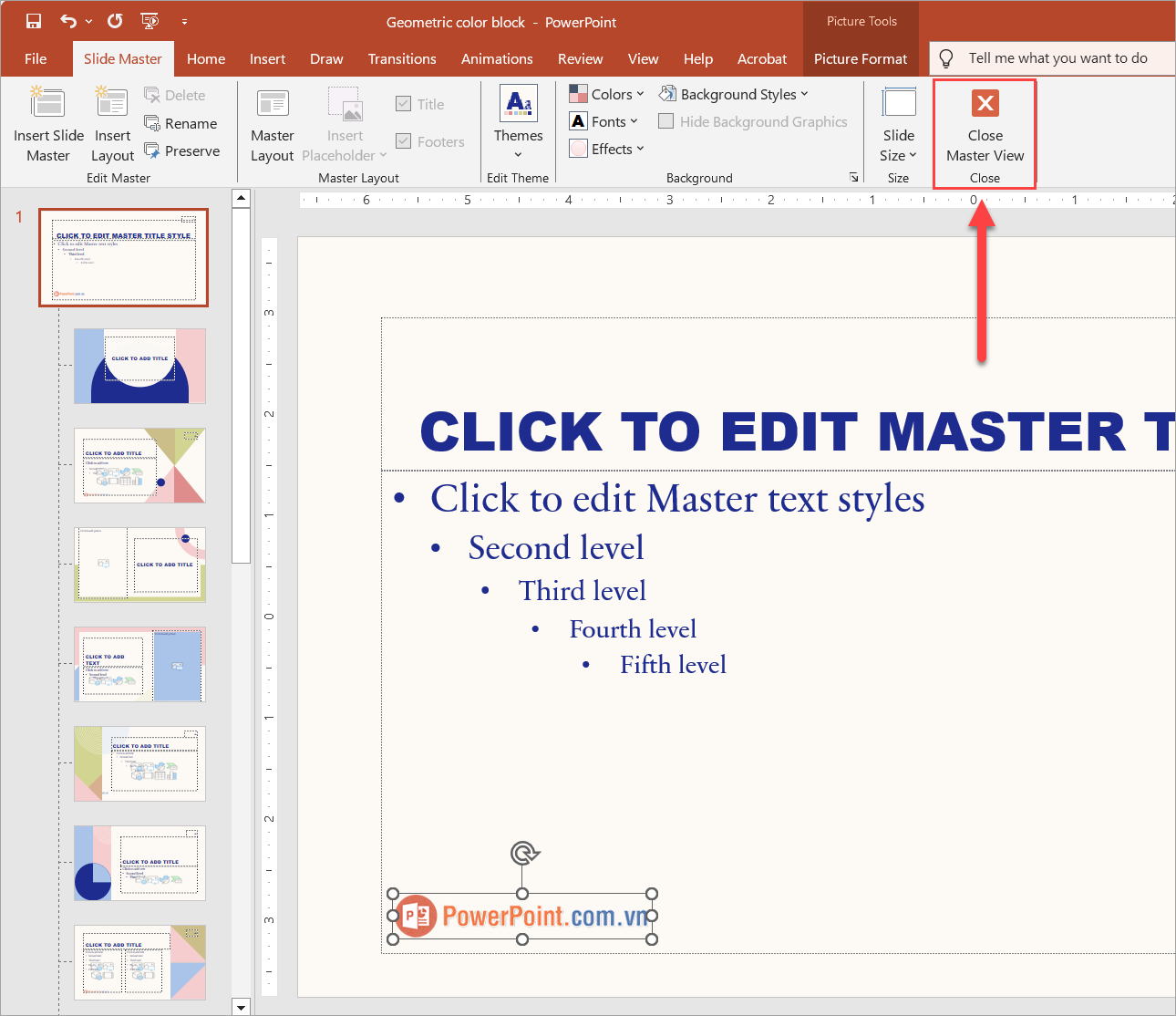Nhấn Close, toàn bộ những Slide trong bài viết sẽ được chèn Logo ảnh