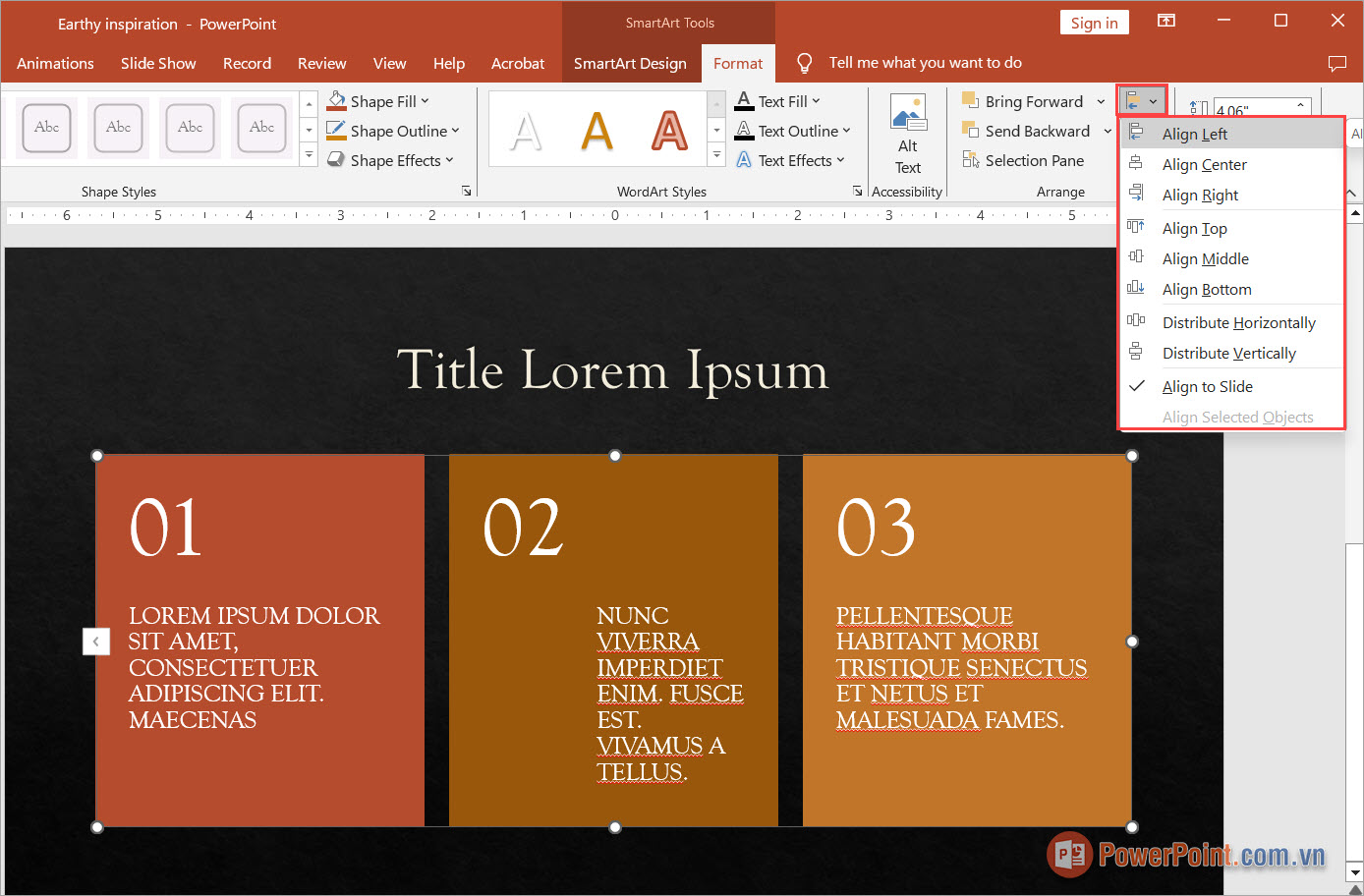 Nhấn Format ➔ Align ➔ Chọn chế độ căn lề cần sử dụng