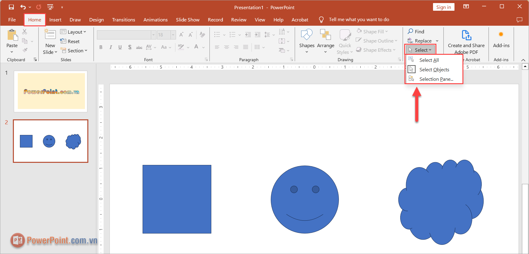 Nhấn Home, chọn Select để xem các lựa chọn đối tượng trên Slide PowerPoint